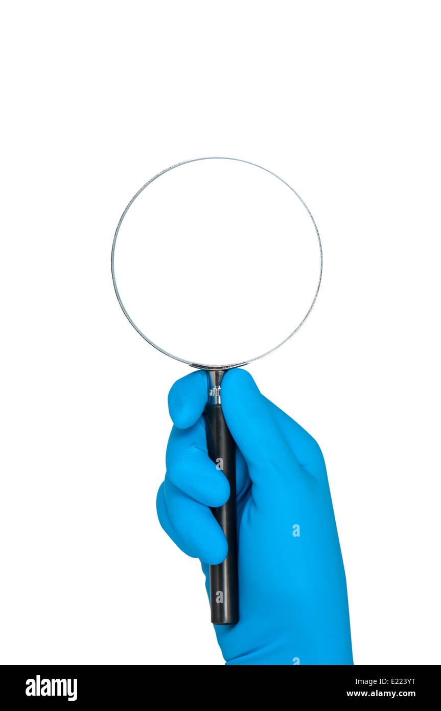 Hand in glove with magnifying glass isolate. Stock Photo
