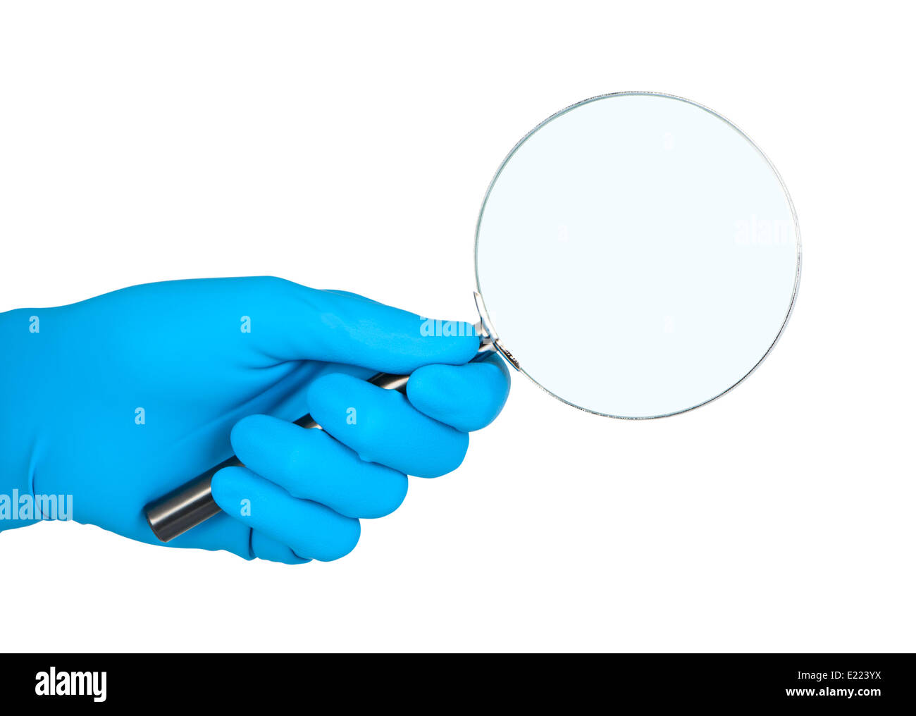 Hand in rubber glove holding magnifier. Stock Photo