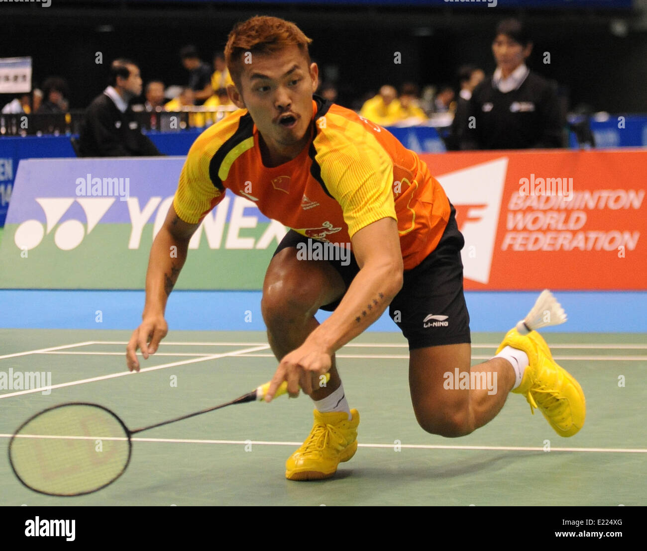 Tokyo, Japan. 13th June, 2014. Lin Dan of China competes against Jan O Jorgensen of Denmark during the men's singles quarter final match of Yonex Open Japan in Tokyo, Japan, June 13, 2014. Lin Dan lost 1-2. © Stringer/Xinhua/Alamy Live News Stock Photo
