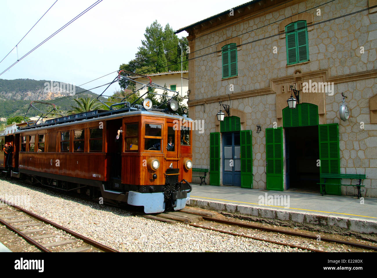 Historic train arriving Bunyola station Stock Photo