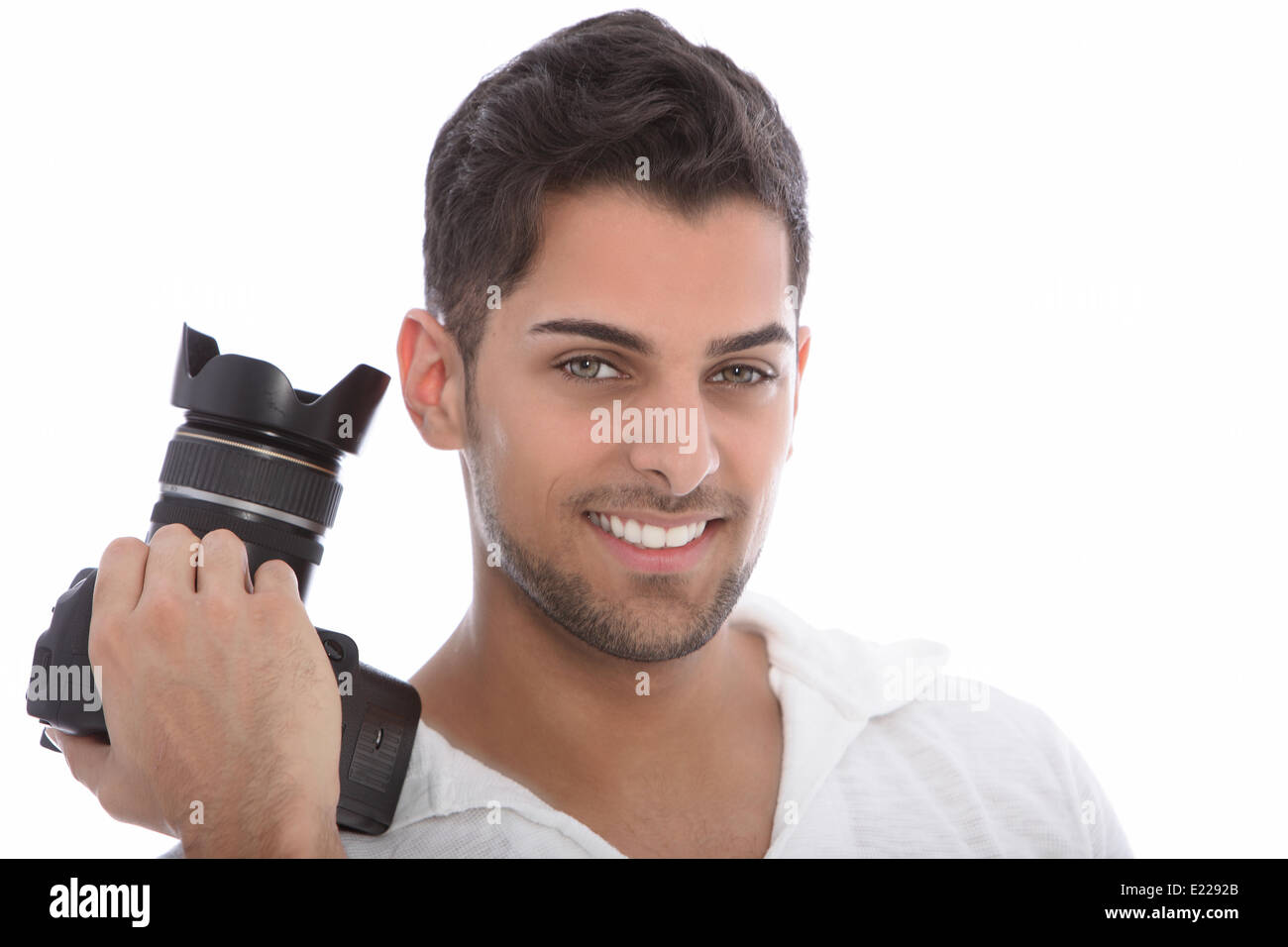 Handsome man holding a dslr camera Stock Photo
