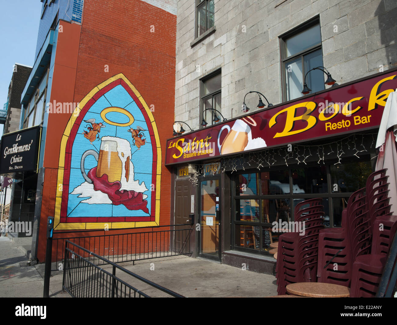 Colorful mural of a beer mug on a wall in Montreal Canada, Le Saint Bock Resto, Quartier Latin Stock Photo