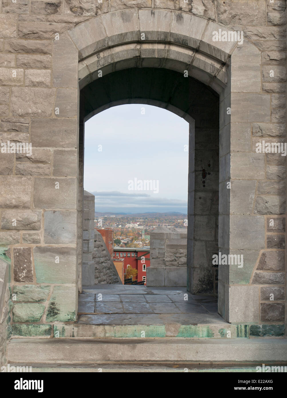 View from the ramparts of Quebec city through an opening in the stone facade Stock Photo