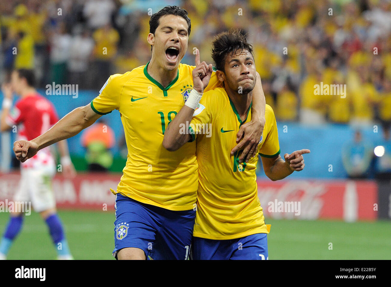 FIFA World Cup 2014, Brazil v Croatia on 12 June 2014: Hernanes (L) and Neymar (BRA). Stock Photo
