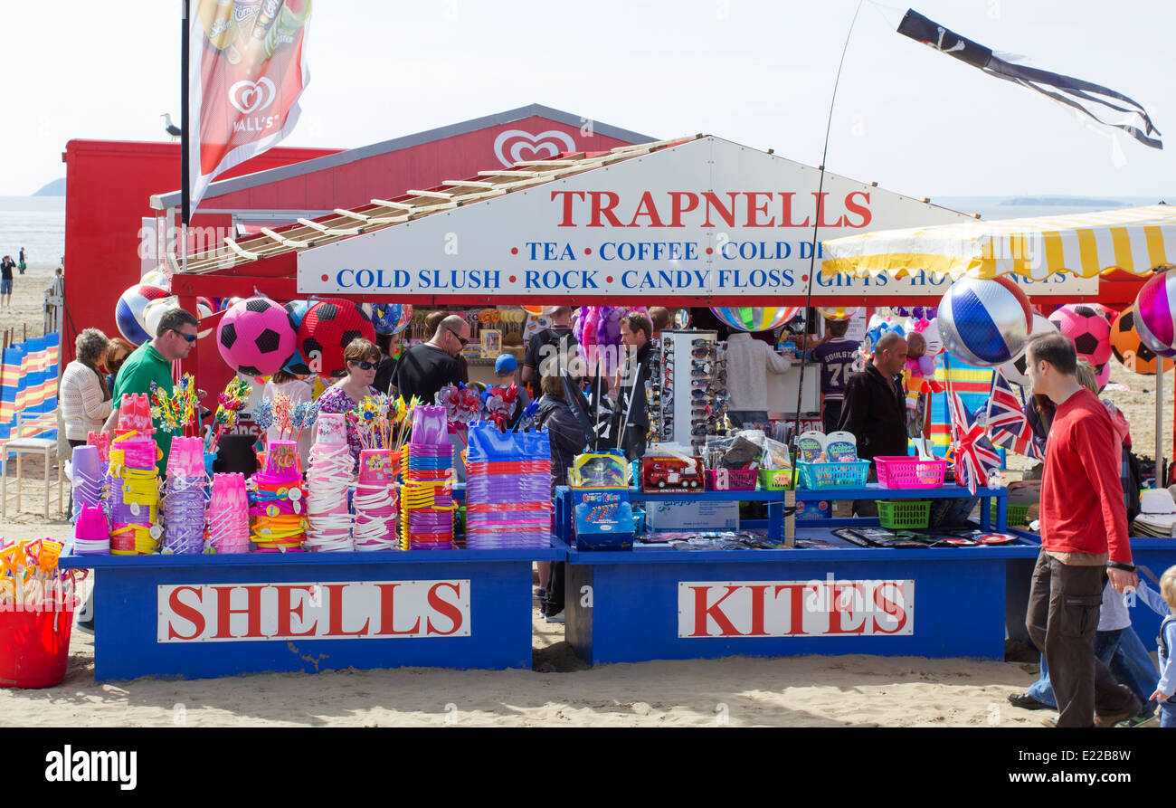 A stall selling brightly coloured beach toys on the beach in Weston-super-Mare, England, UK Stock Photo