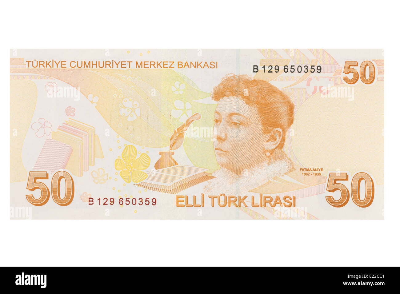 Turkish fifty lira banknote on a white background Stock Photo