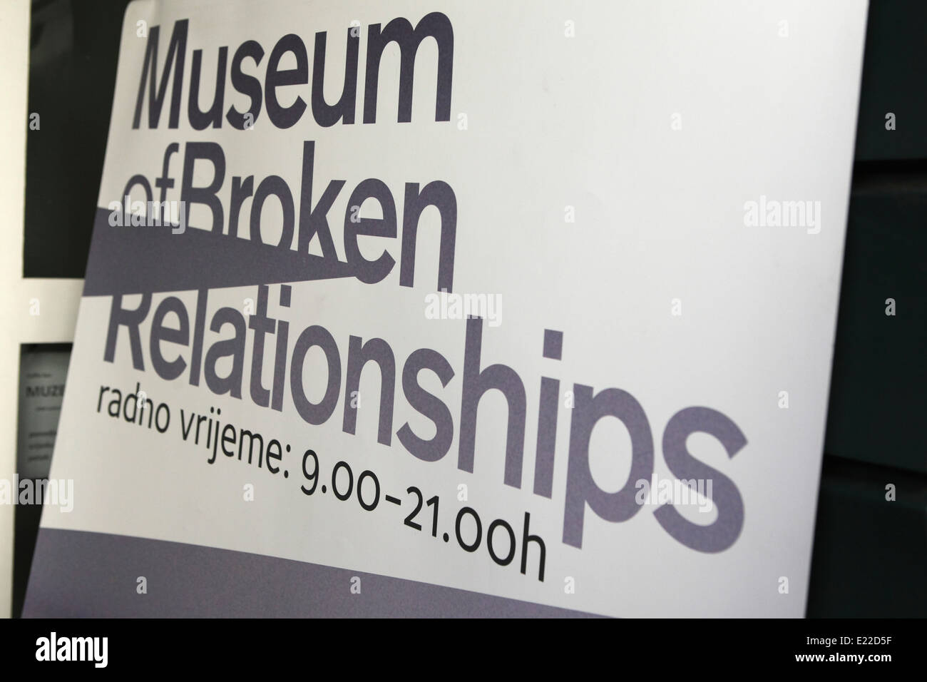 A sign at the Museum of Broken Relationships in Zagreb, Croatia. Stock Photo