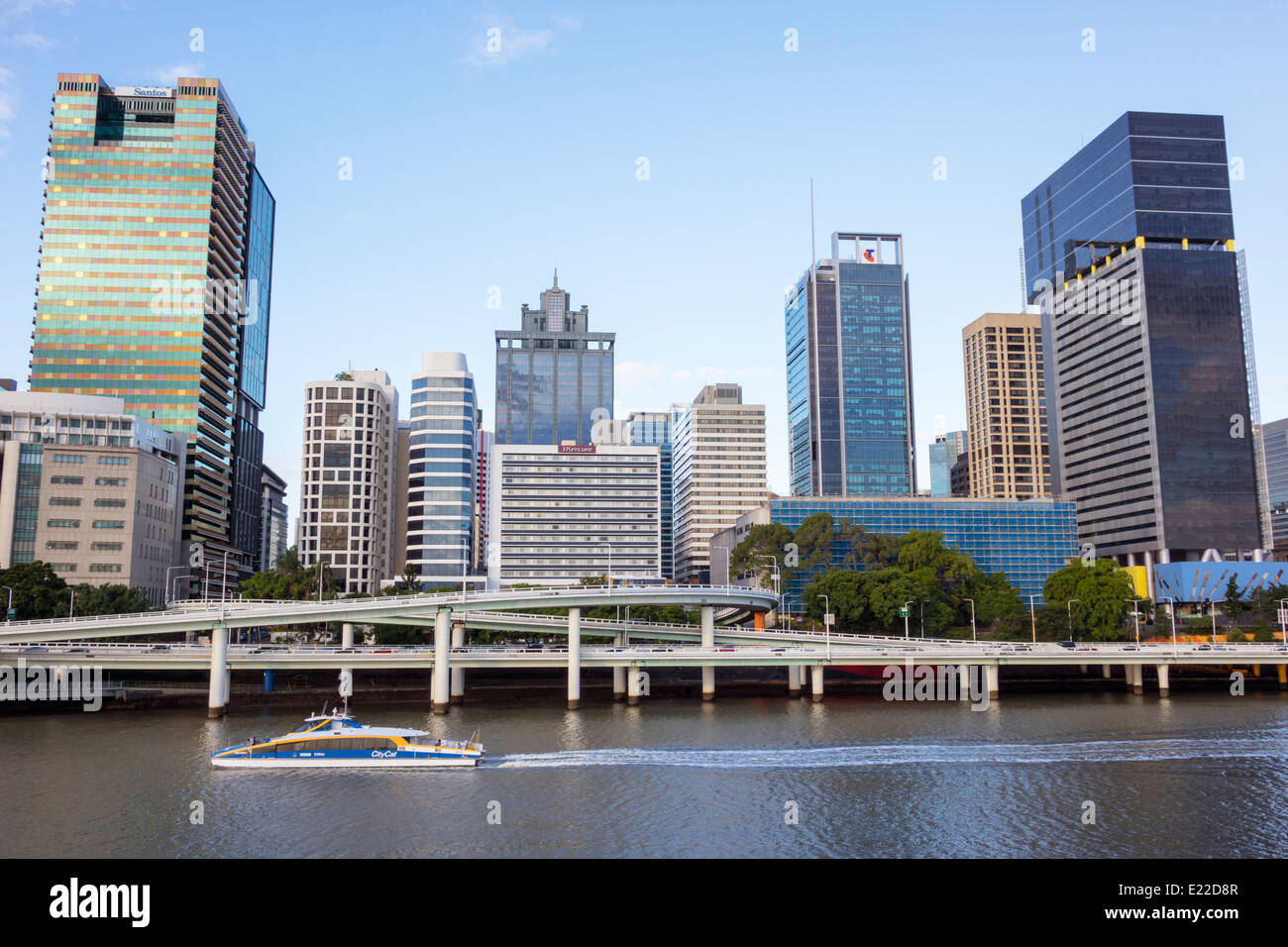 Brisbane Australia CBD,Victoria Bridge,Southbank,city skyline,skyscrapers,buildings,CityCat,CityFerries,ferry,boat,Pacific Motorway,M3,Brisbane River, Stock Photo