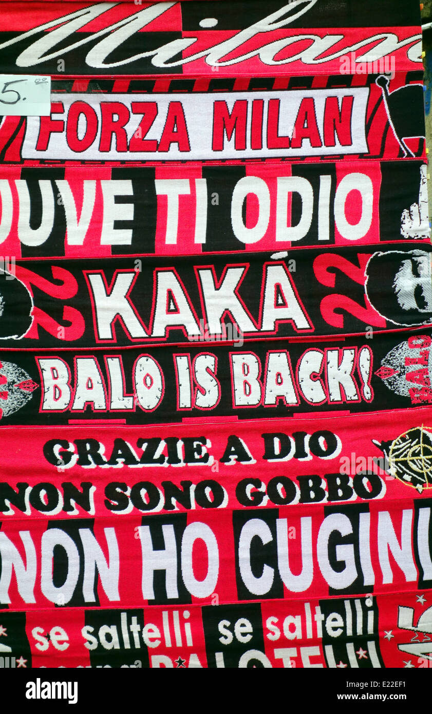 AC Milan fans memorabilia on sale outside San Siro stadium i Milan, Italy Stock Photo