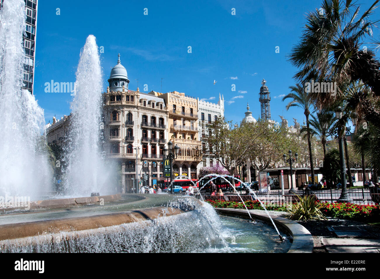 Valencia Spain ( water fountain ) city center Plaza del Ayuntamiento square Stock Photo
