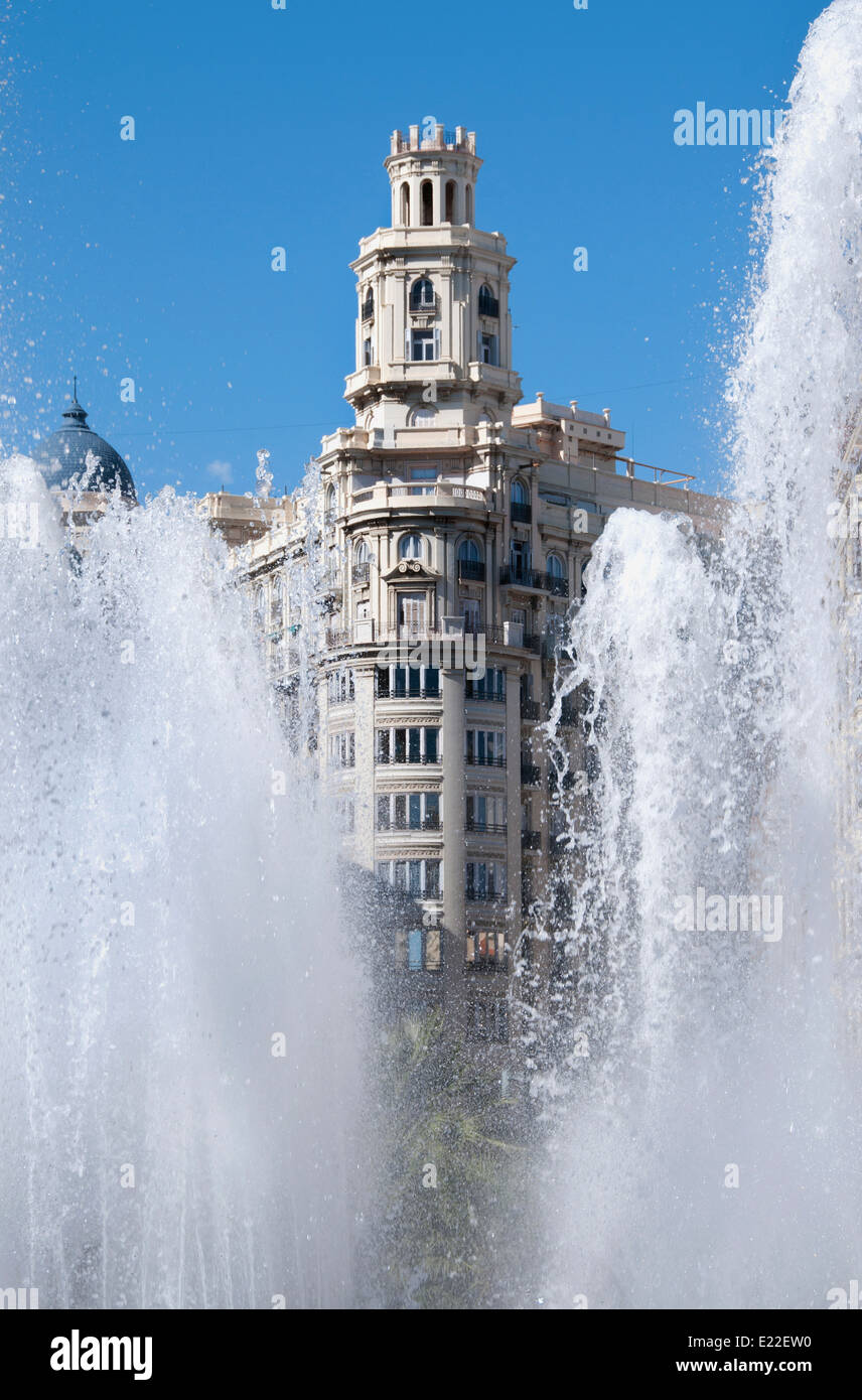 Valencia Spain ( water fountain ) city center Plaza del Ayuntamiento square Stock Photo