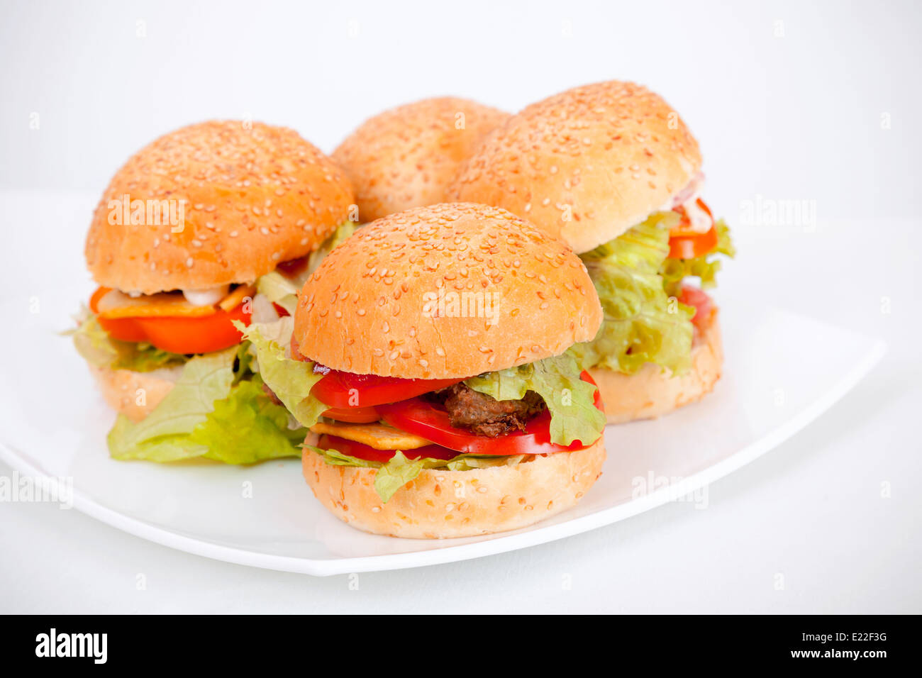Homemade hamburgers lay on white plate. Studio photo Stock Photo