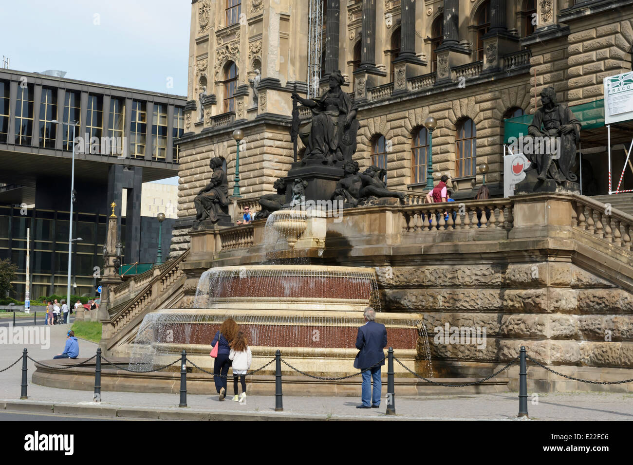 The ornate exterior of the National Museum and water fountain in Prague, Czech Republic. Stock Photo