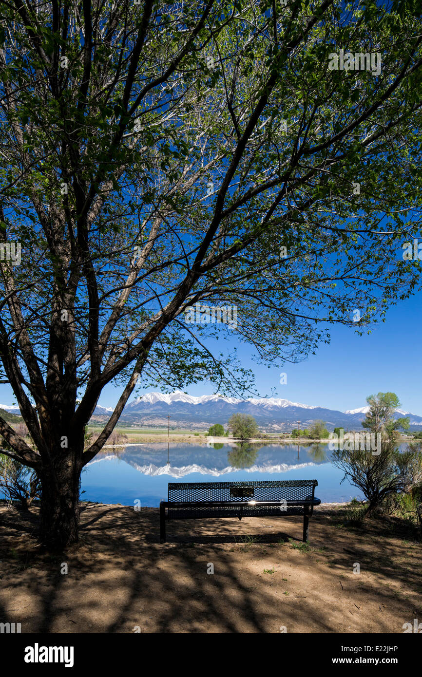 Empty bench, Frantz Lake State Wildlife Area, Salida, Colorado, USA Stock Photo