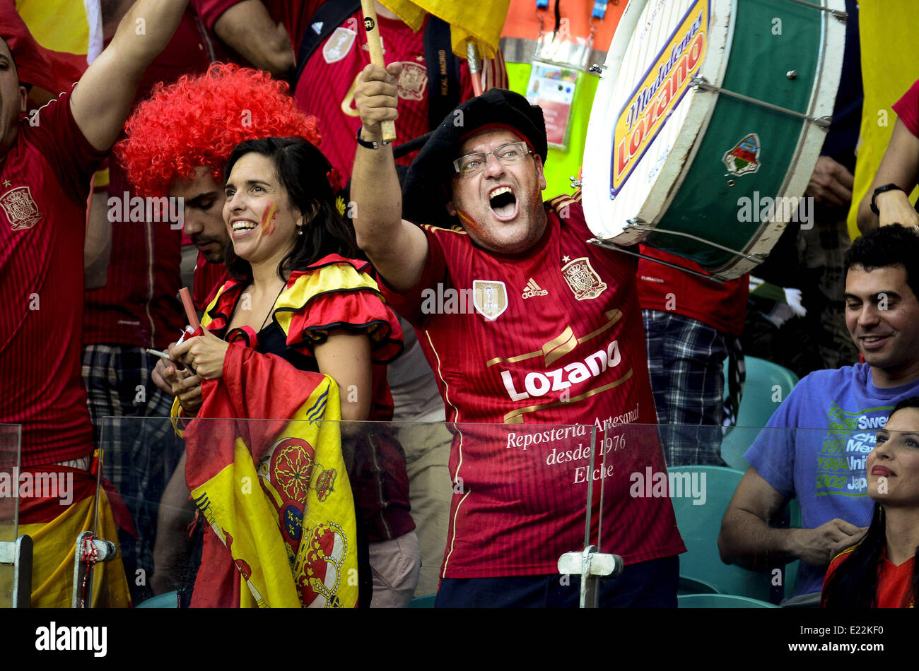 Salvador, Brazil. 13th June, 2014. Spain's fan celebrates Xabi Alonso's goal, in the penalty kick, to score 1-0 Spain over Netherlands in Salvador, for the #3 match of the 2014 World Cup Credit:  Gustavo Basso/NurPhoto/ZUMAPRESS.com/Alamy Live News Stock Photo