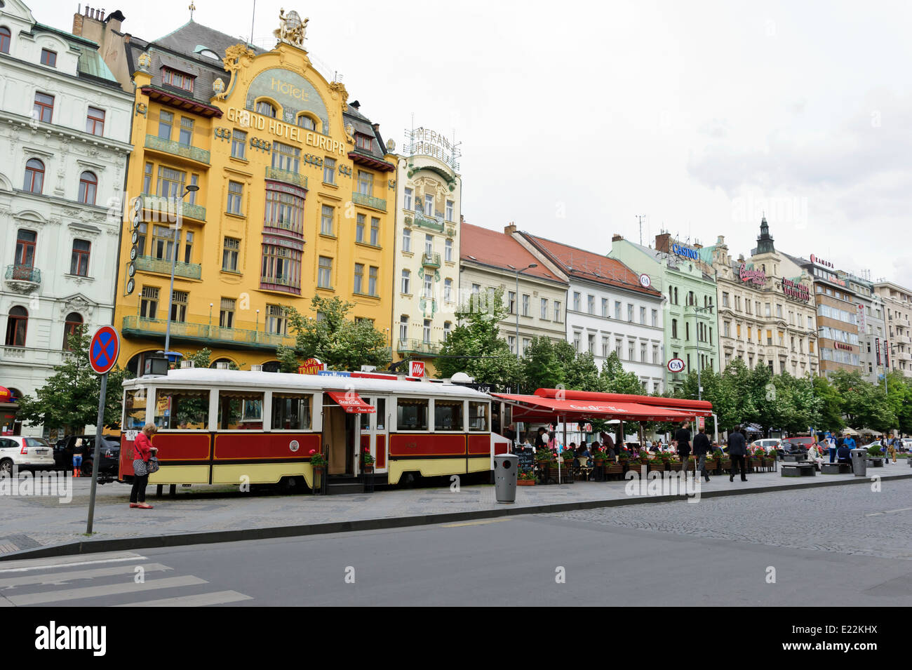 An old vintage tram converted to a restaurant in the middle of Wenceslas Square, Prague, czech Republic. Stock Photo