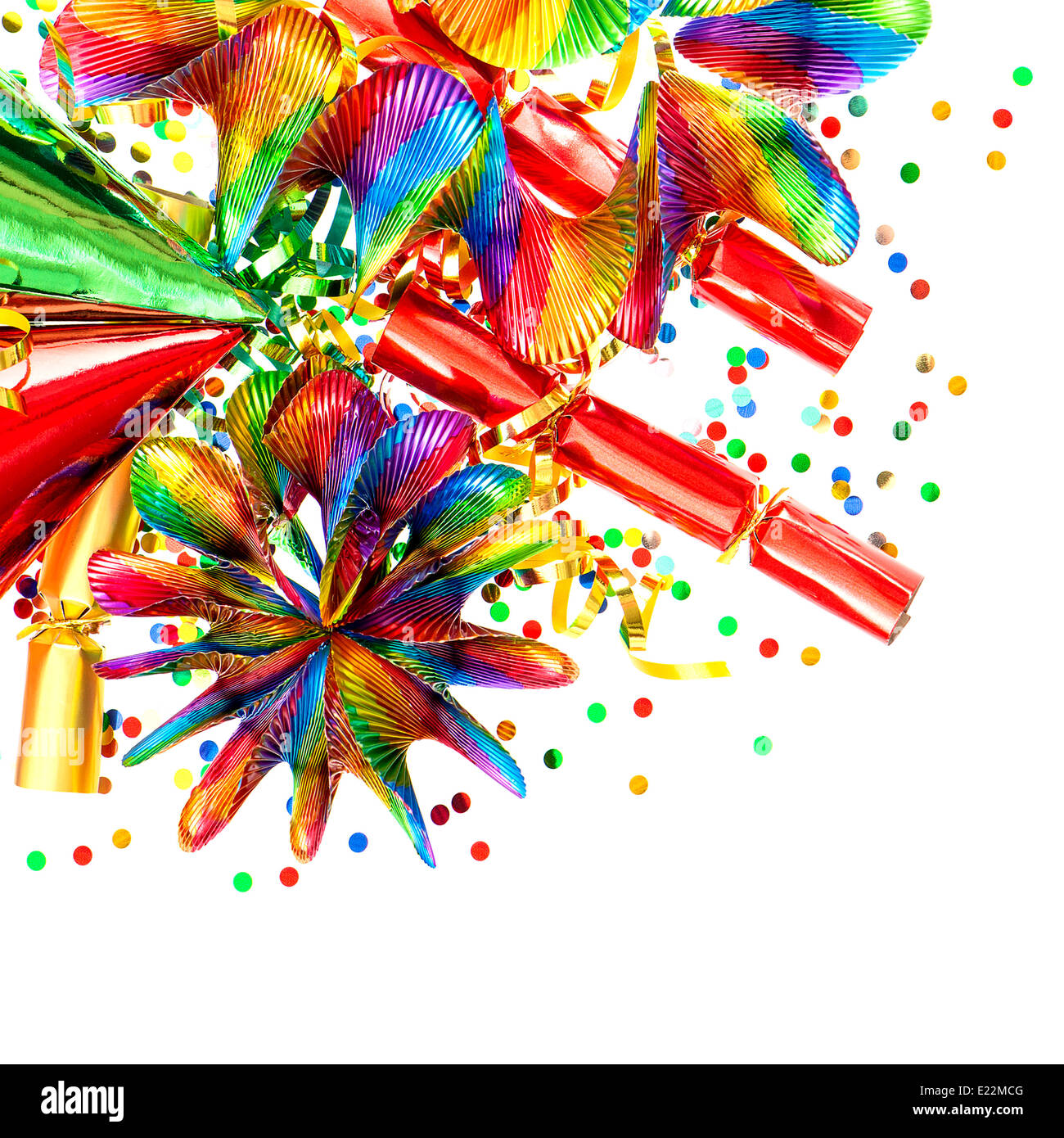 confetti, garlands, streamer. carnival decorations over white background Stock Photo