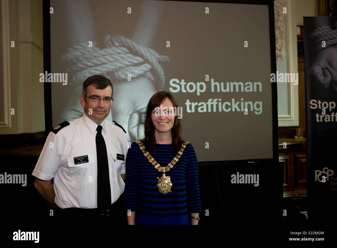 Belfast UK, 13th June 2014. Assistant Chief Constable Drew Harris with Lord Mayor Nichola Mallon promoting  Global Initiative to Fight Trafficking (GIFT) about human trafficking in Northern Ireland Credit:  Bonzo/Alamy Live News Stock Photo