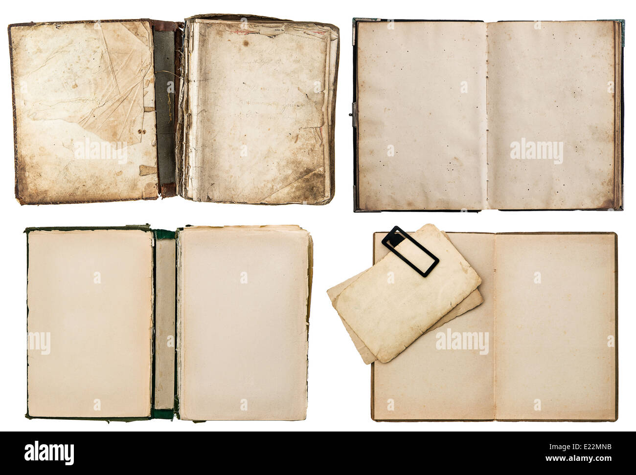 old books set with grungy pages isolated on white background Stock