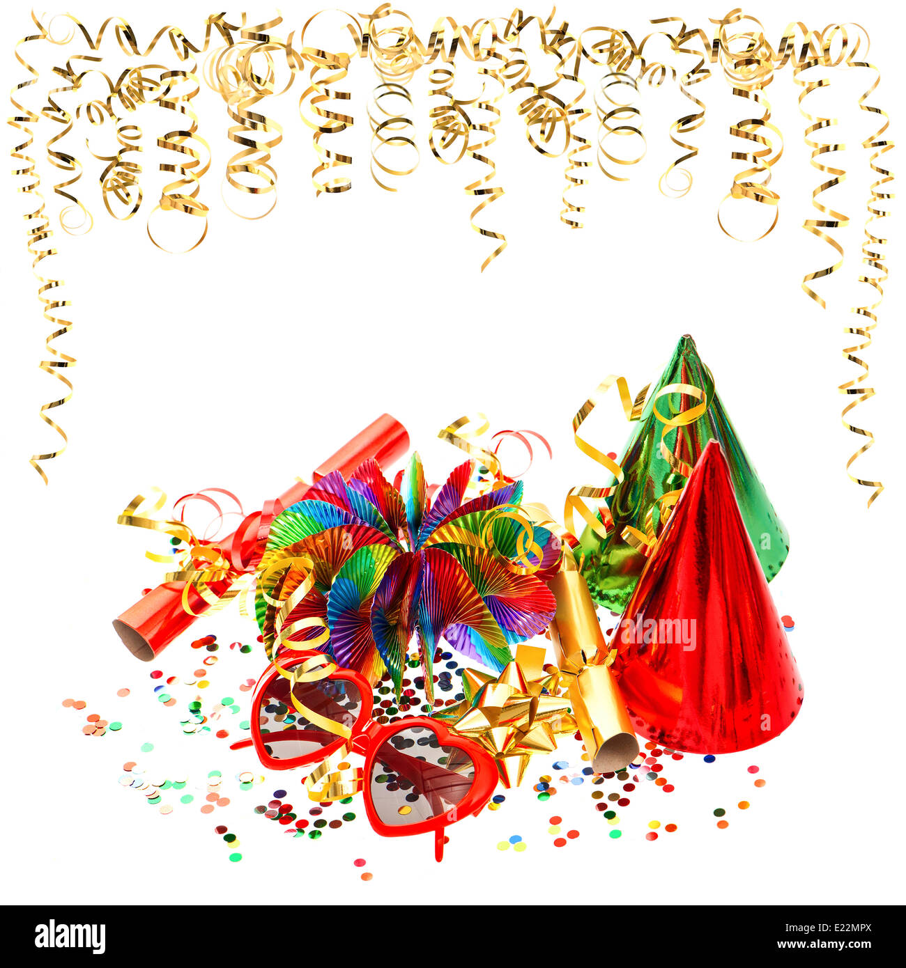 colorful garlands, streamer and confetti on white background. birthday or carnival party decoration Stock Photo
