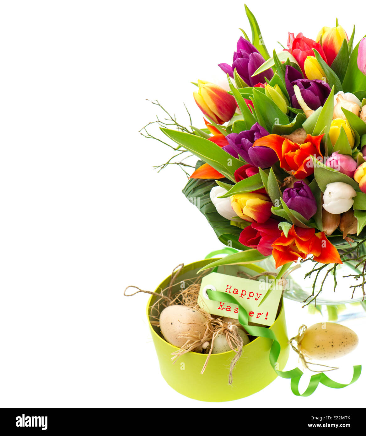 bouquet of fresh tulips with easter eggs and gift box on white ...