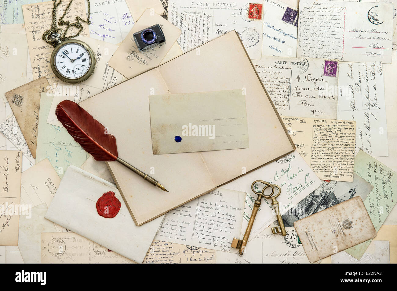 Open book vintage writing accessories hi-res stock photography and images -  Alamy