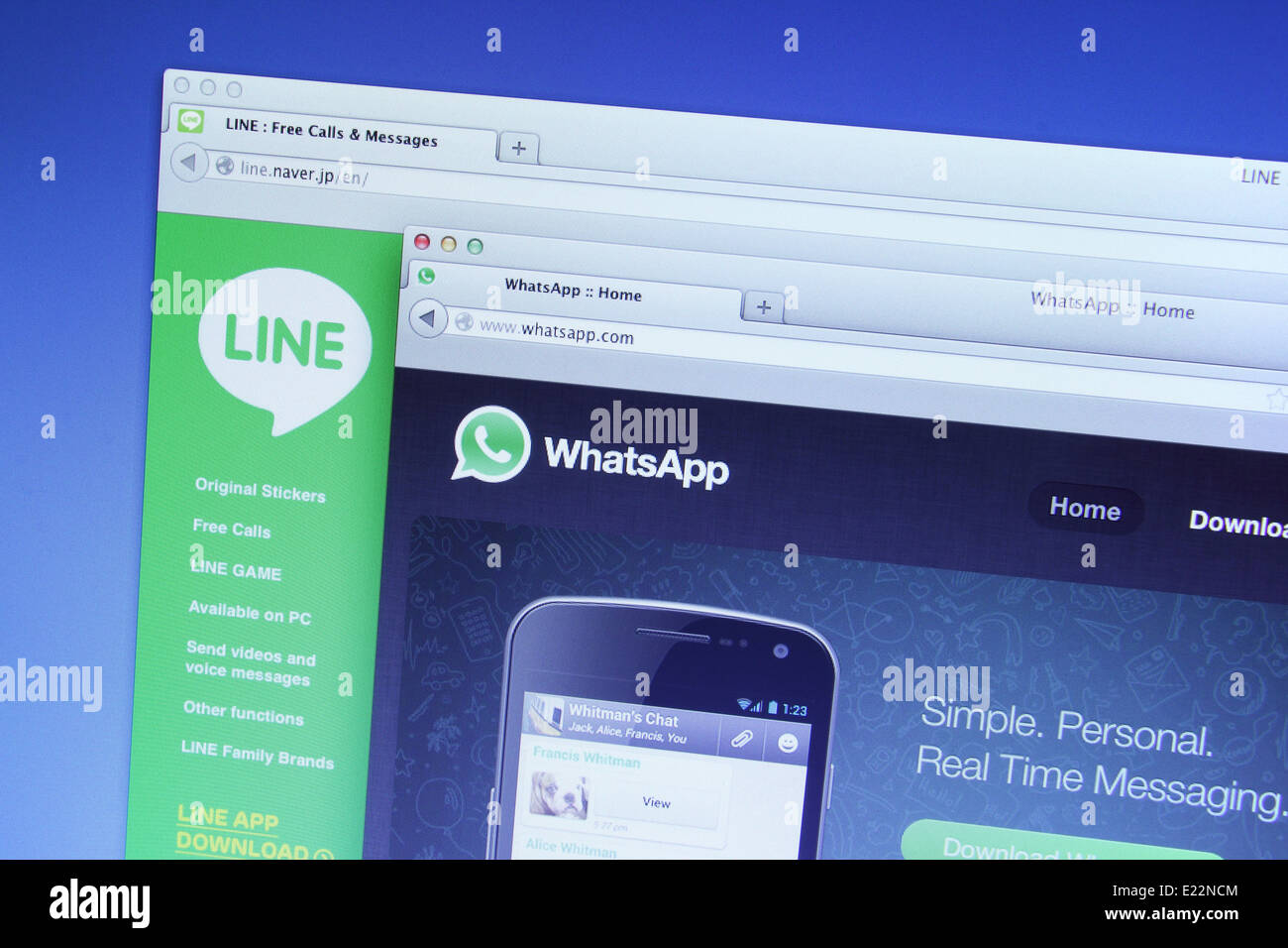 Photo of Line and WhatsApp on a monitor screen. They are famous instant messaging application for smartphones Stock Photo