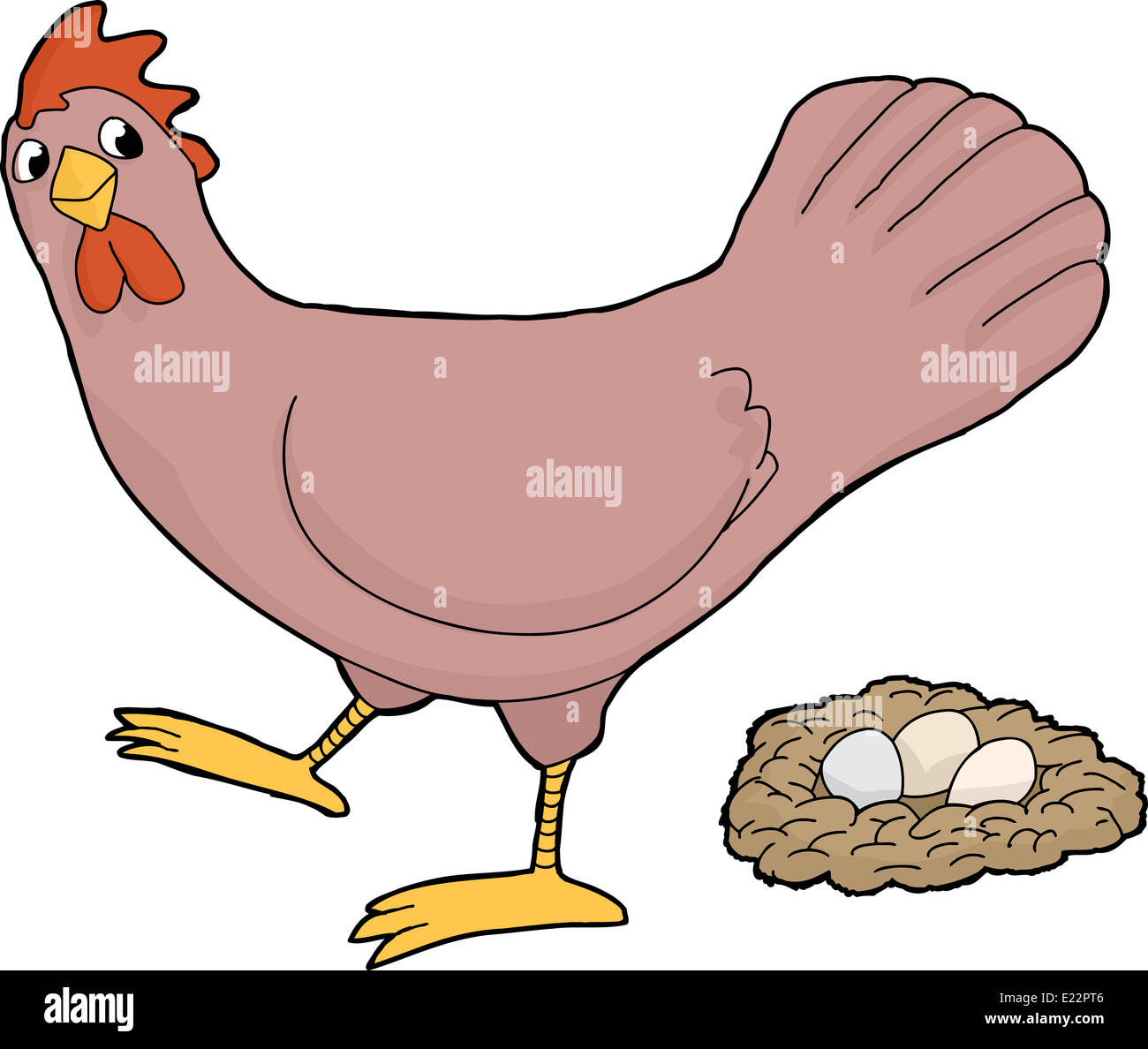 Happy cartoon hen walking by nest of eggs Stock Photo