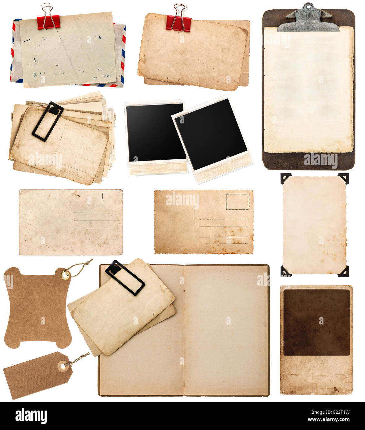 pile of old postcards isolated on white background. vintage paper sheets  with clip. old photo frames. antique clipboard. retro Stock Photo - Alamy
