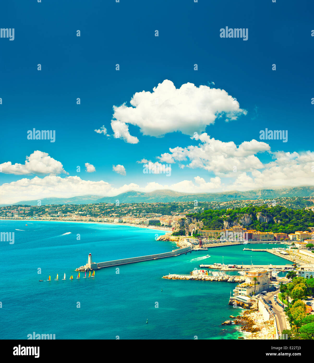 Mediterranean resort, Nice city, France, french riviera. Turquoise sea and perfect sunny blue sky. Retro style toned picture Stock Photo