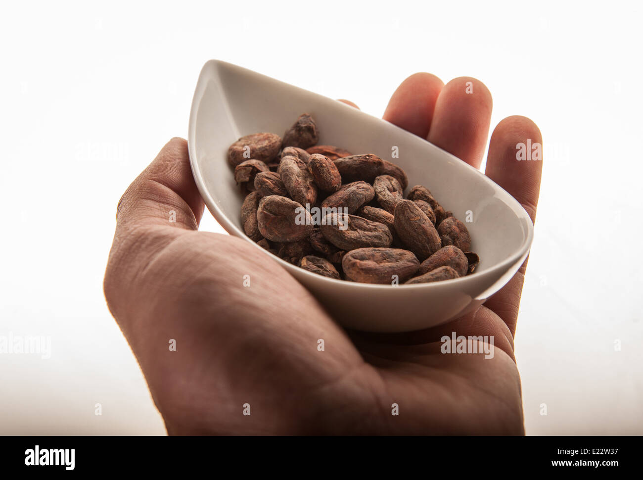 Cocoa beans in a white china oval vessel before being made into