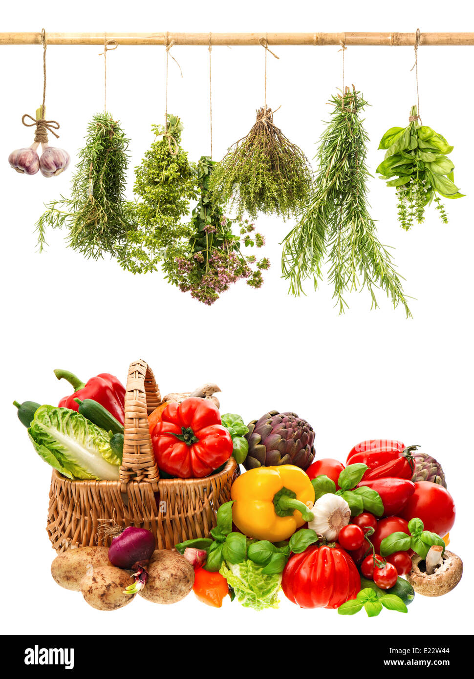 vegetables and herbs on white background. healthy food concept. organic diary products. shopping basket Stock Photo