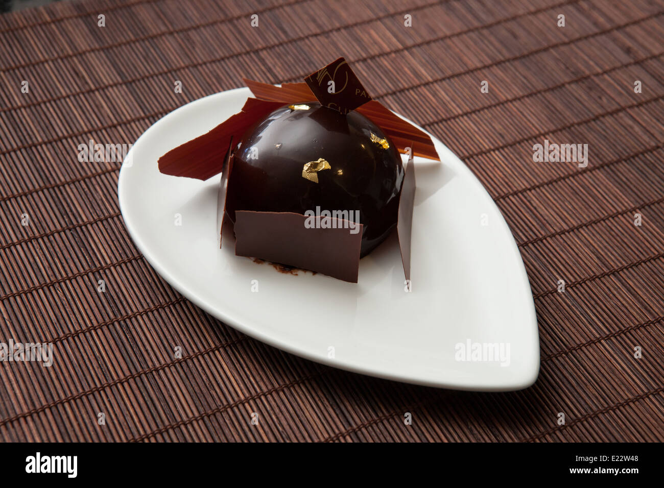 Chocolate dessert on a table by William Curley, chocolatier Stock Photo