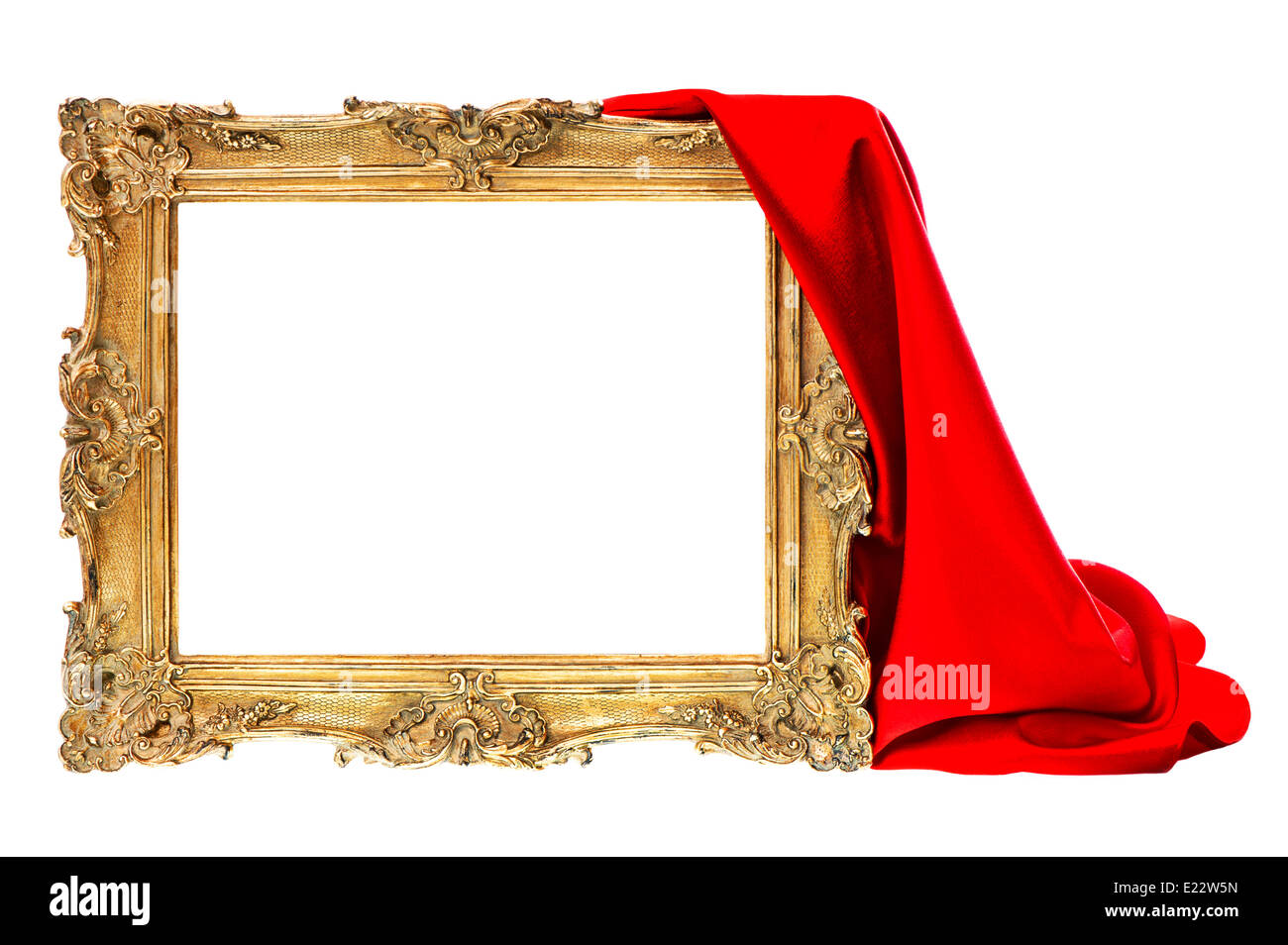 baroque golden frame with red silk decoration isolated on white background Stock Photo