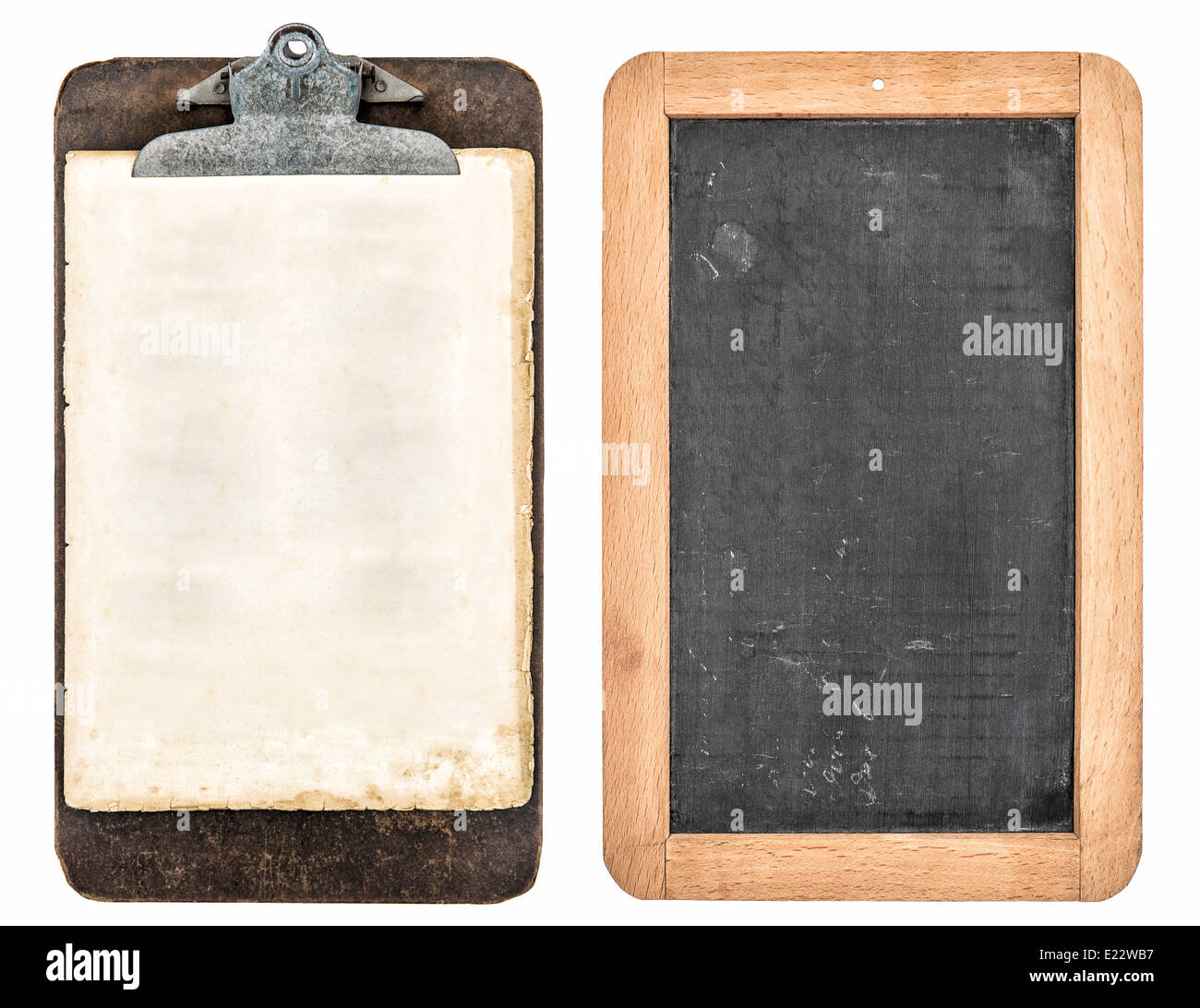 antique clipboard and chalkboard isolated on white background Stock Photo