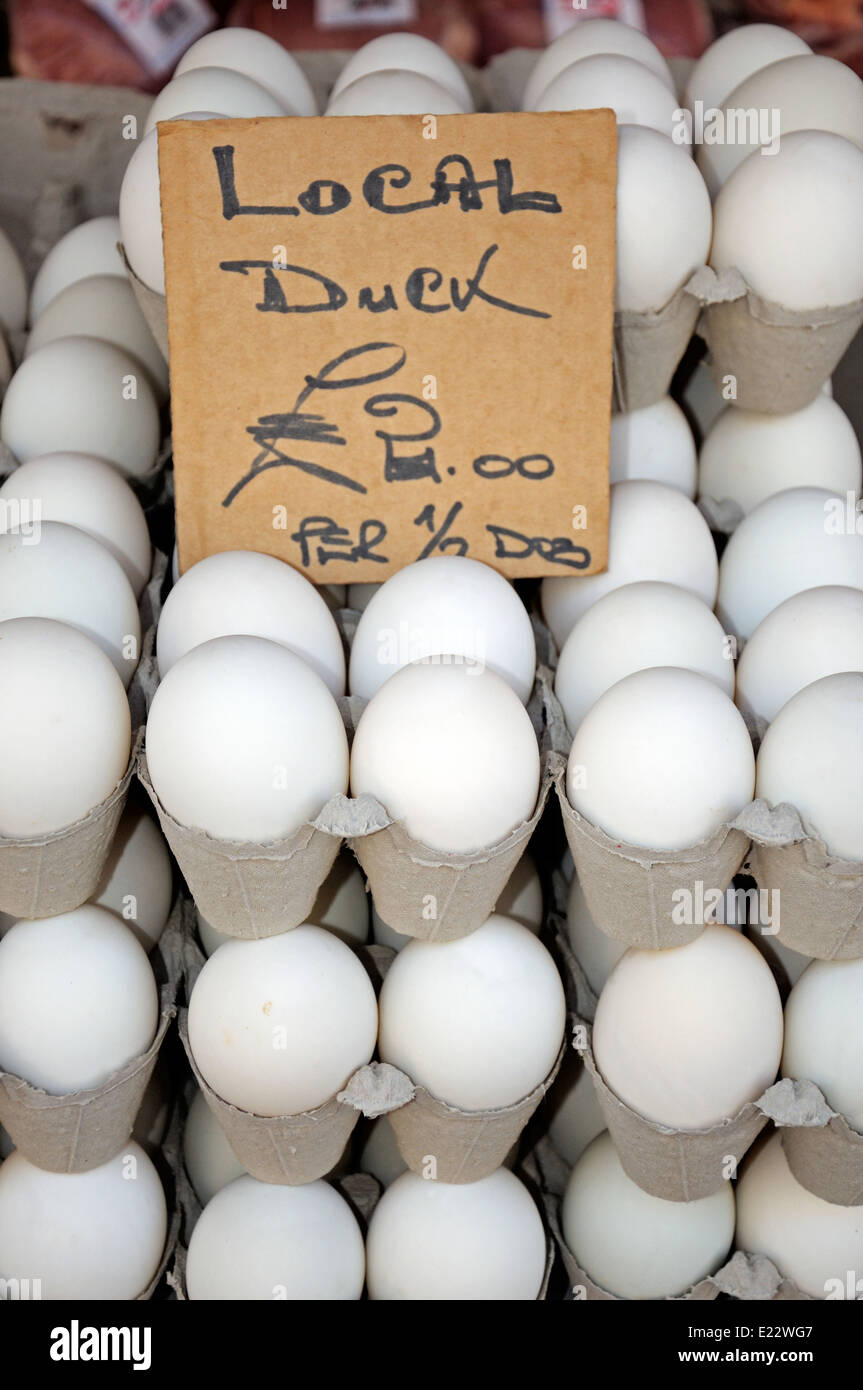 Local duck eggs in egg boxes for sale at the Saturday market, Tamworth