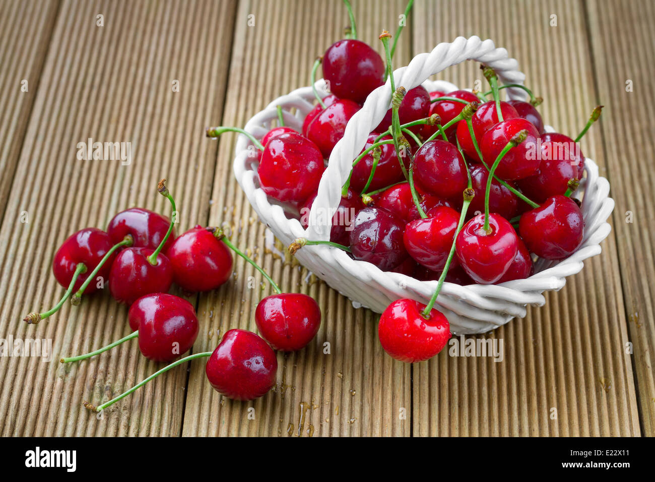 Ripe cherries on a wooden background Stock Photo - Alamy