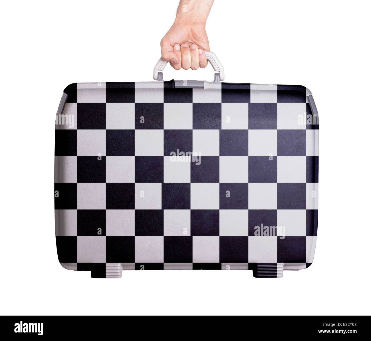 Used plastic suitcase with stains and scratches, printed with sign