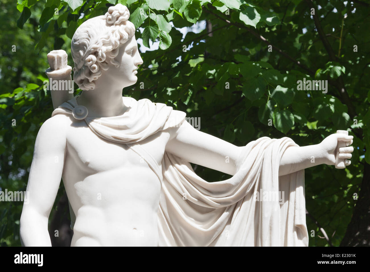 Marble sculpture of Apollo Belvedere 1820s sculptor P.Triskorni in the Summer Garden in St. Petersburg Stock Photo
