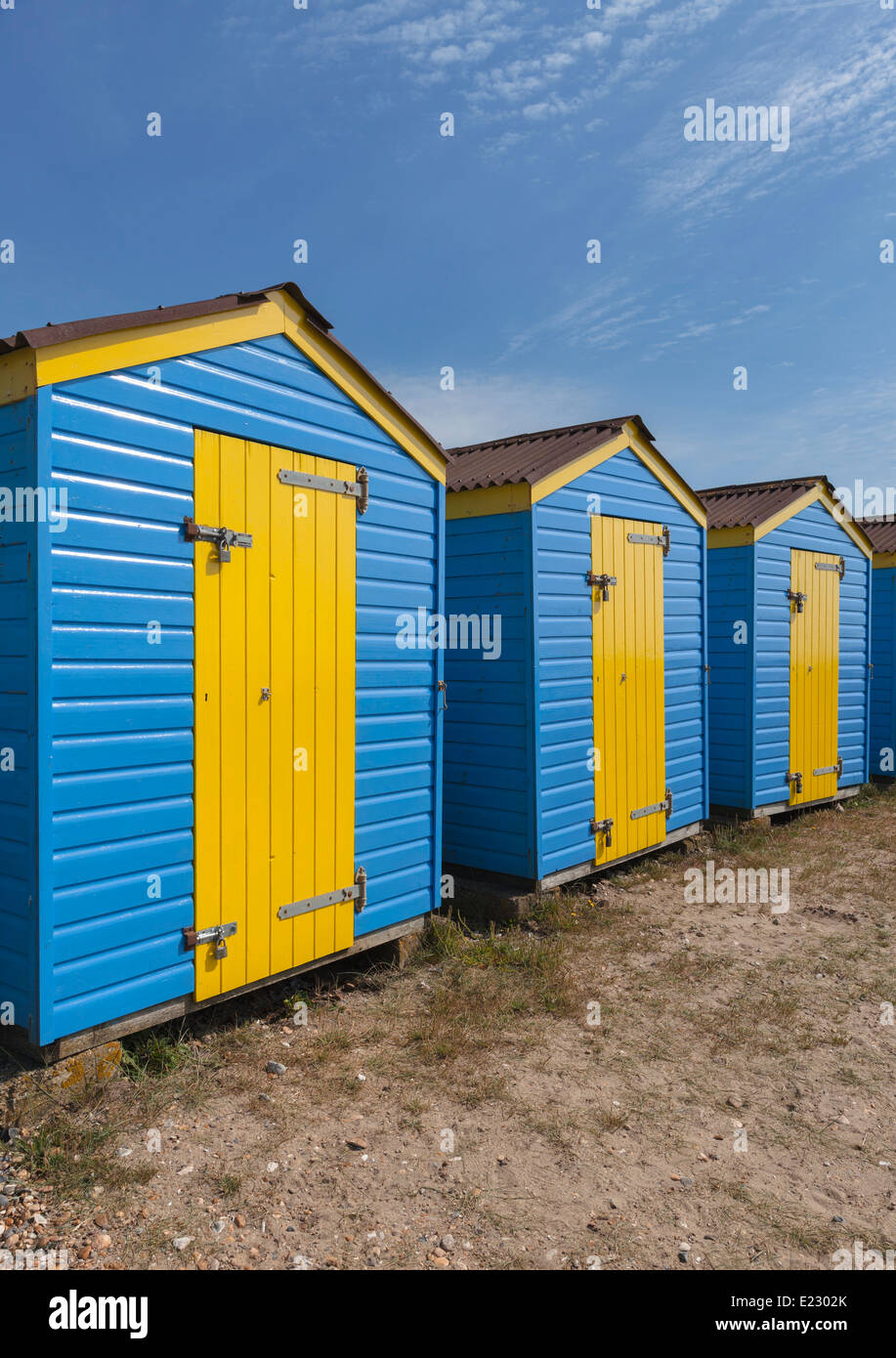 Beach huts on Littlehampton beach. Littlehampton, West Sussex, England
