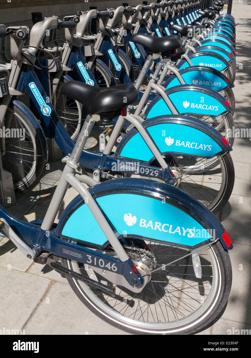 Looking down a row of bikes in the London Cycle Hire Scheme ‘Boris bike’ Stock Photo