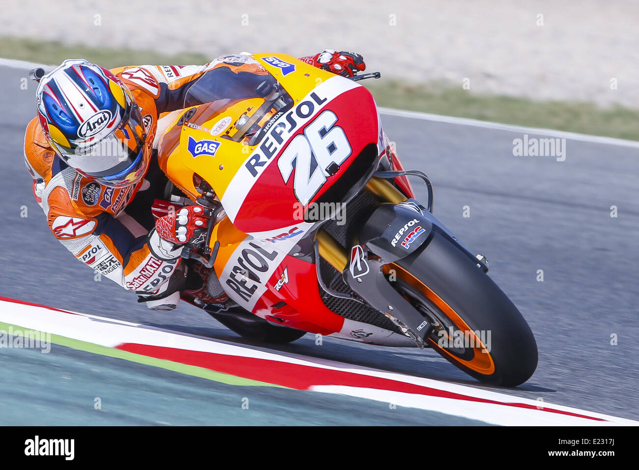 Bacelona, Spain. 13th June, 2014. Repsol Honda's DANI PEDROSA during free practice at the Catalunya MotoGP at the Barcelona-Catalunya circuit on Friday. Pedrosa is said to be feeling more comfortable on bike following his 'arm-pump' operation in May. © Mikel Trigueros/NurPhoto/ZUMAPRESS.com/Alamy Live News Stock Photo