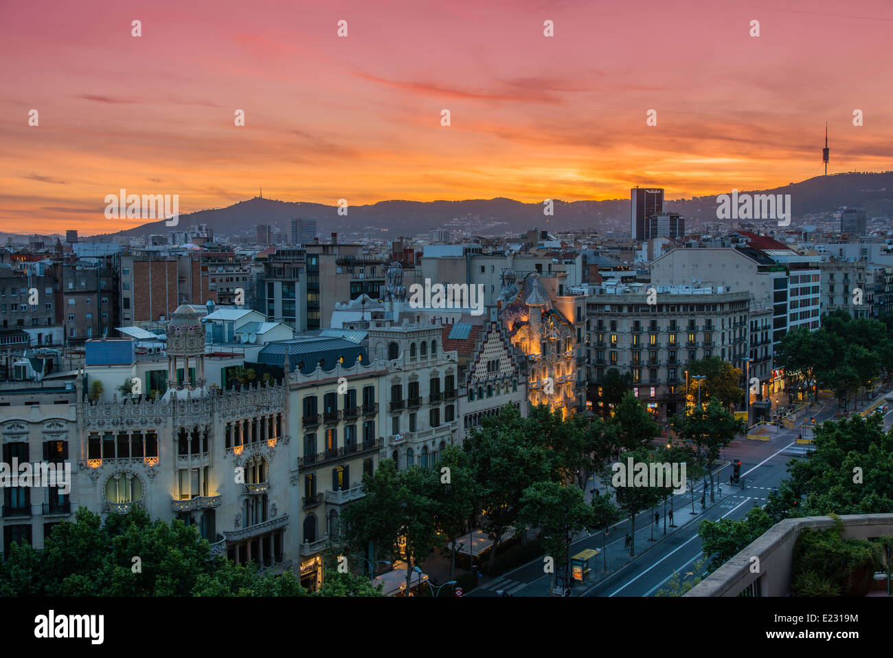 Top view at sunset over Passeig de Gracia with Casa Battlo and Casa Amatller, Barcelona, Catalonia, Spain Stock Photo