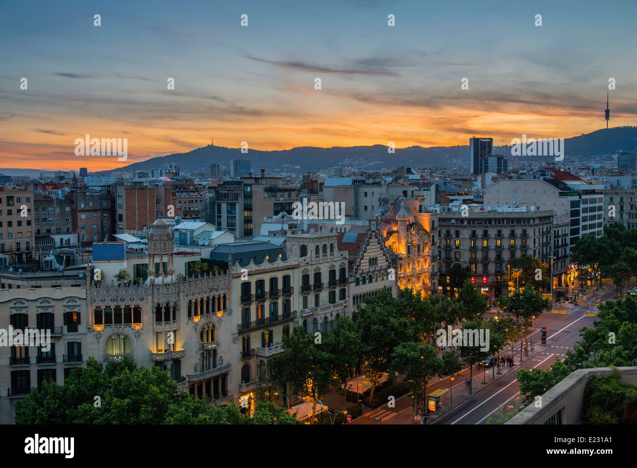 Top view at sunset over Passeig de Gracia with Casa Battlo and Casa Amatller, Barcelona, Catalonia, Spain Stock Photo