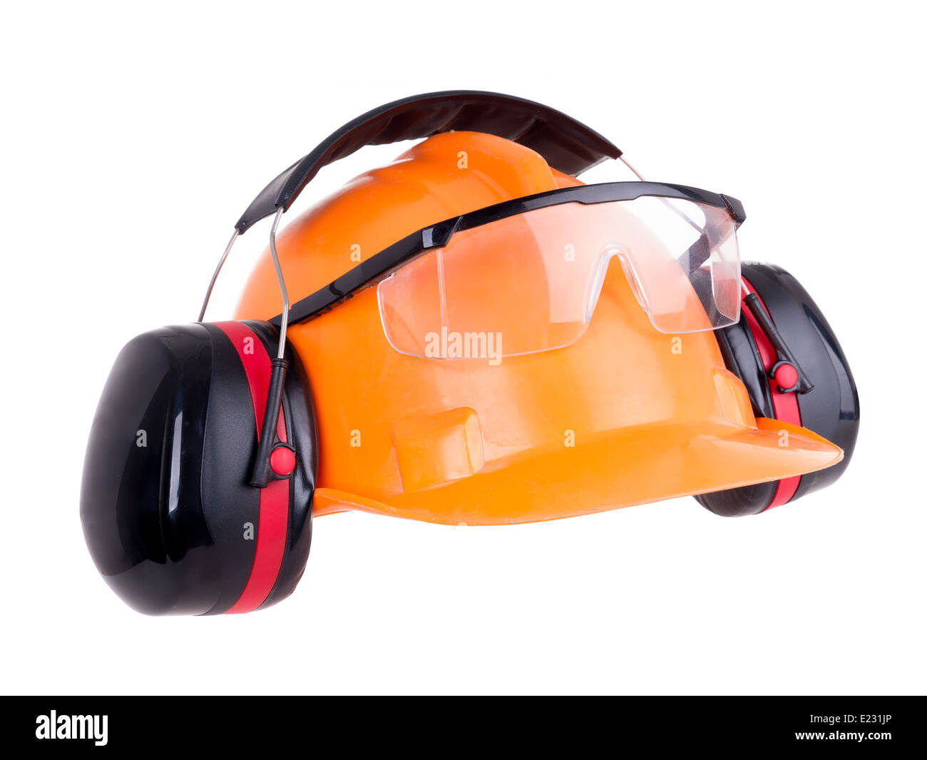 Industrial protection set including hard hat, safety goggles and earmuffs shot on white Stock Photo