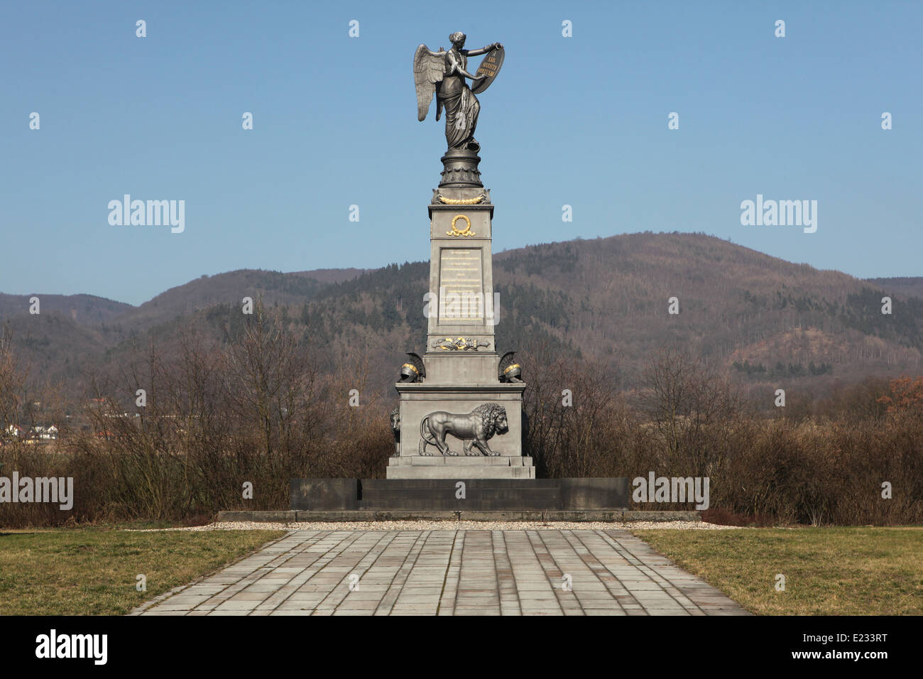 Memorial to Russian soldiers fallen in the Battle of Kulm (1813) near the village of Prestanov, North Bohemia, Czech Republic. Stock Photo