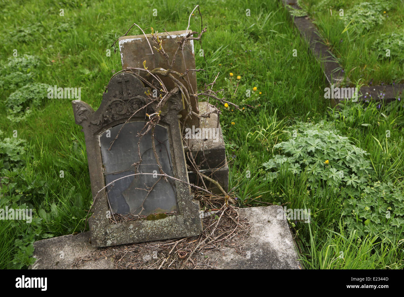 Broken tombstone at the abandoned fortress cemetery in Terezin, Czech Republic. Stock Photo