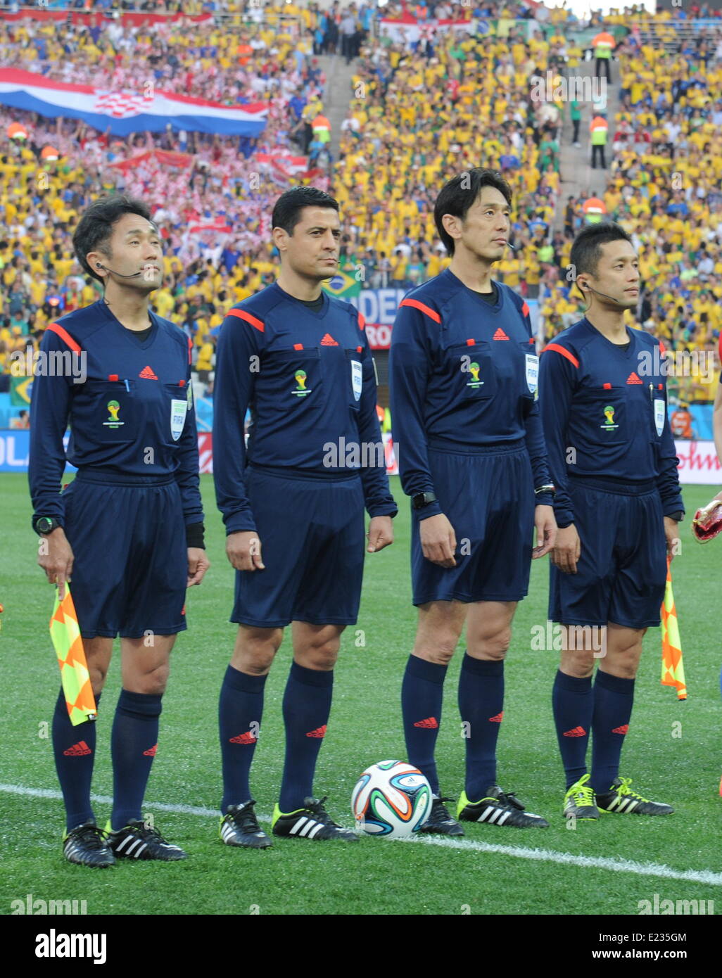 (L-R) Toshiyuki Nagi, Alireza Faghani, Yuichi Nishimura (Referee), Toru Sagara, JUNE 12, 2014 - Football / Soccer : FIFA World Cup Brazil 2014 Group A match between Brazil 3-1 Croatia at Arena de Sao Paulo in Sao Paulo, Brazil. (Photo by SONG Seak-In/AFLO) Stock Photo