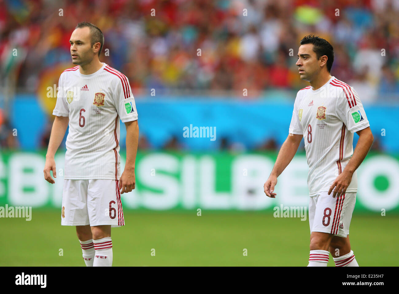 (L to R)  Andres Iniesta,  Xavi Hernandez (ESP),  JUNE 13, 2014 - Football /Soccer :  2014 FIFA World Cup Brazil  Group Match -Group B-  between Spain 1-5 Netherlands  at Arena Fonte Nova, Salvador, Brazil.  (Photo by YUTAKA/AFLO SPORT) [1040] Stock Photo