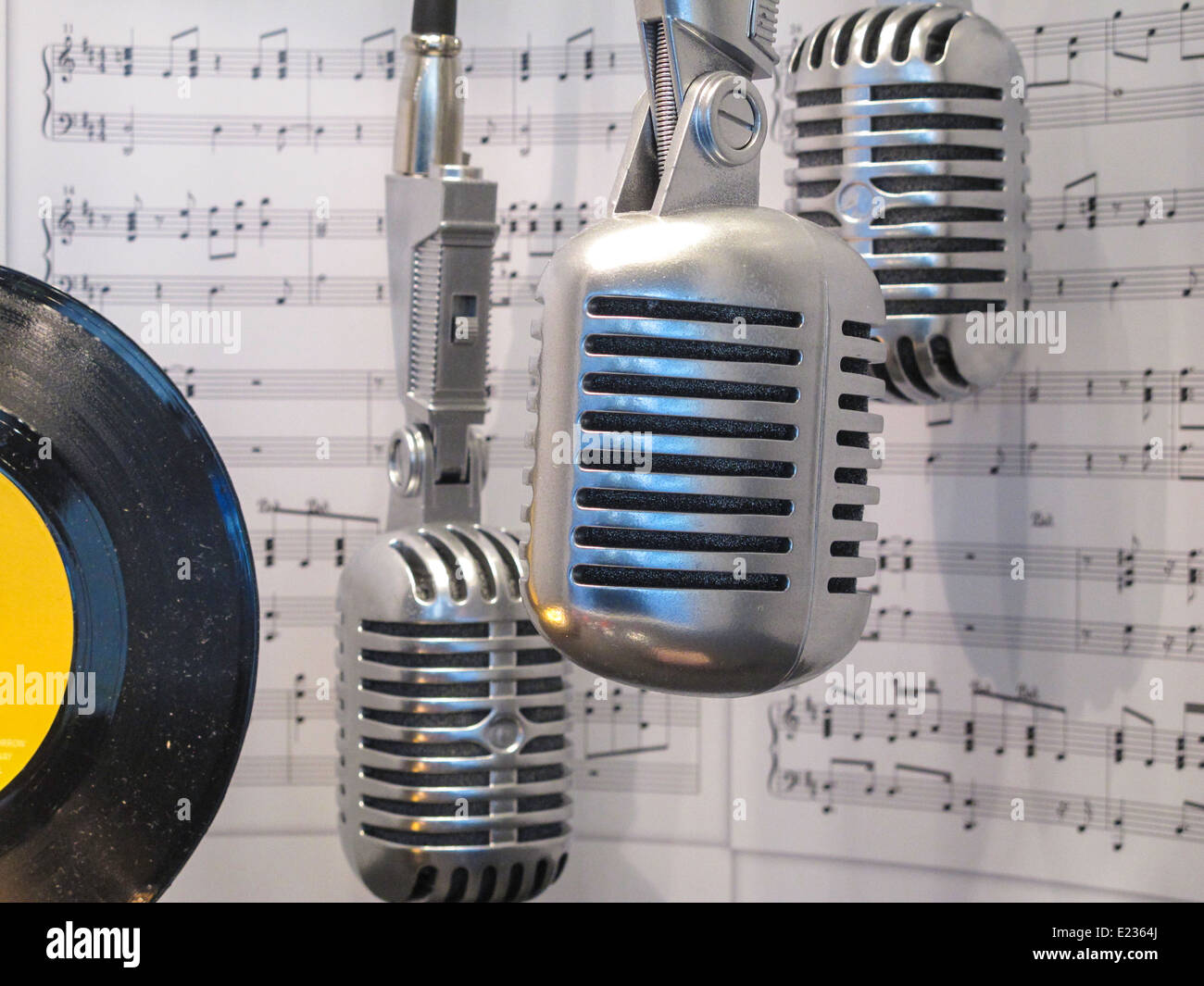 Still Life, Vintage Microphone, Vinyl Record and Sheet Music, USA Stock Photo Alamy